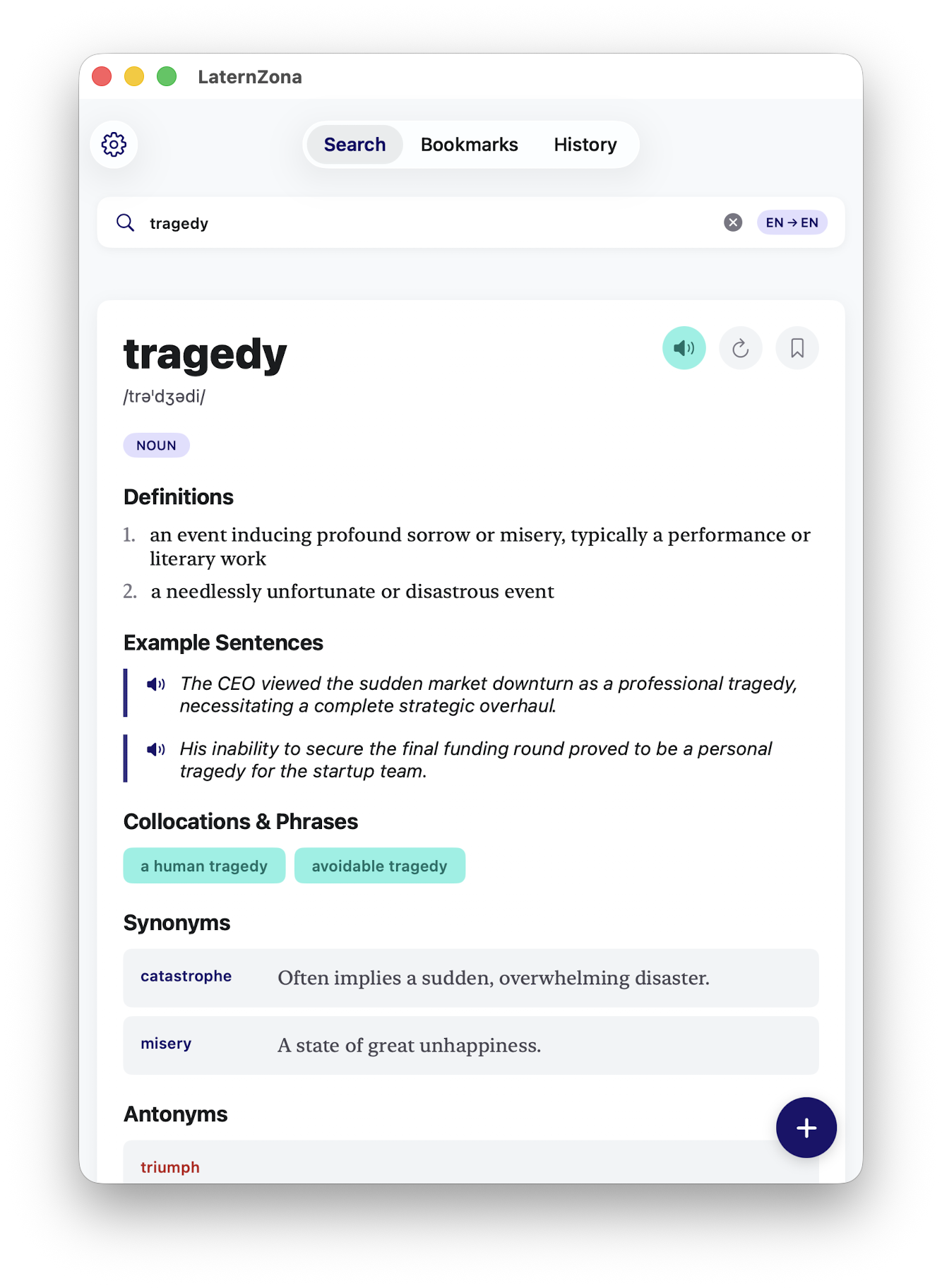 LaternZona running natively on macOS — search results for the word 'tragedy'