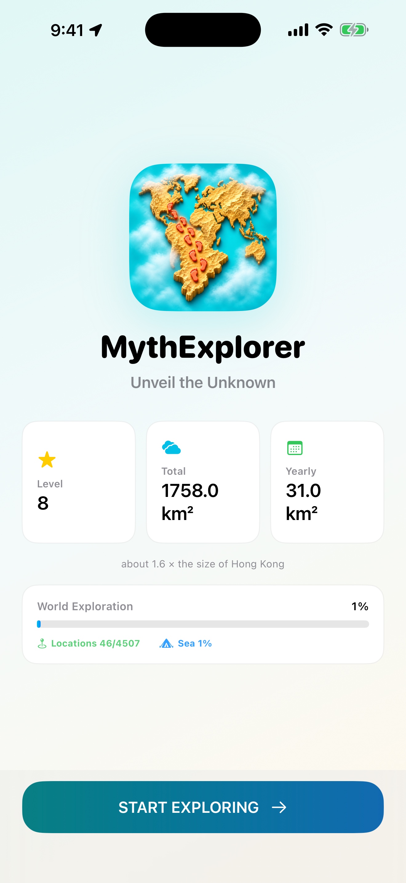 MythExplorer 2.0 Welcome screen with the colorful world icon, exploration stats and Start exploring button