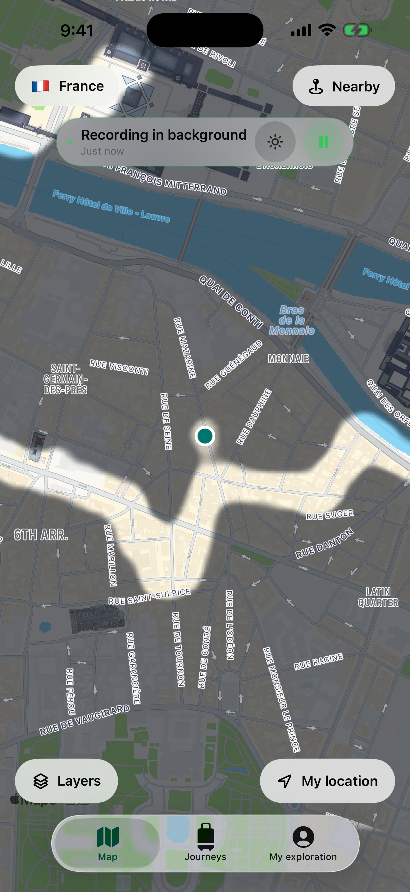 MythExplorer 2.0 Paris map showing explored streets along the Seine and around the Louvre