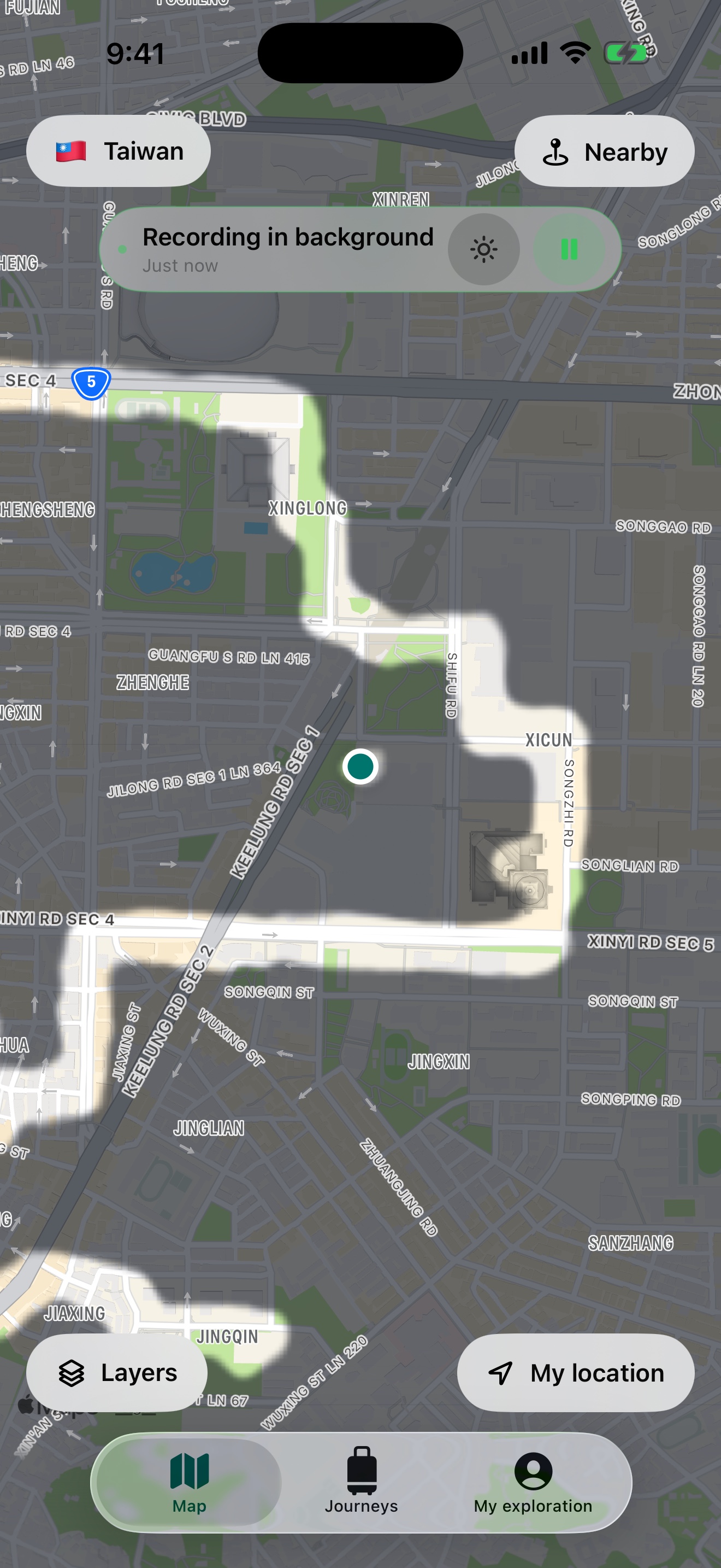 MythExplorer 2.0 Taipei map with recording controls and the Map, Journeys and My exploration tabs