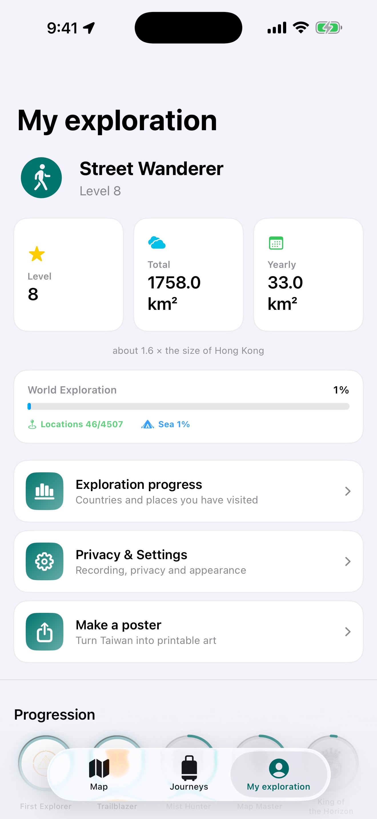 MythExplorer 2.0 My exploration tab with level, area cleared, world exploration, achievements and settings