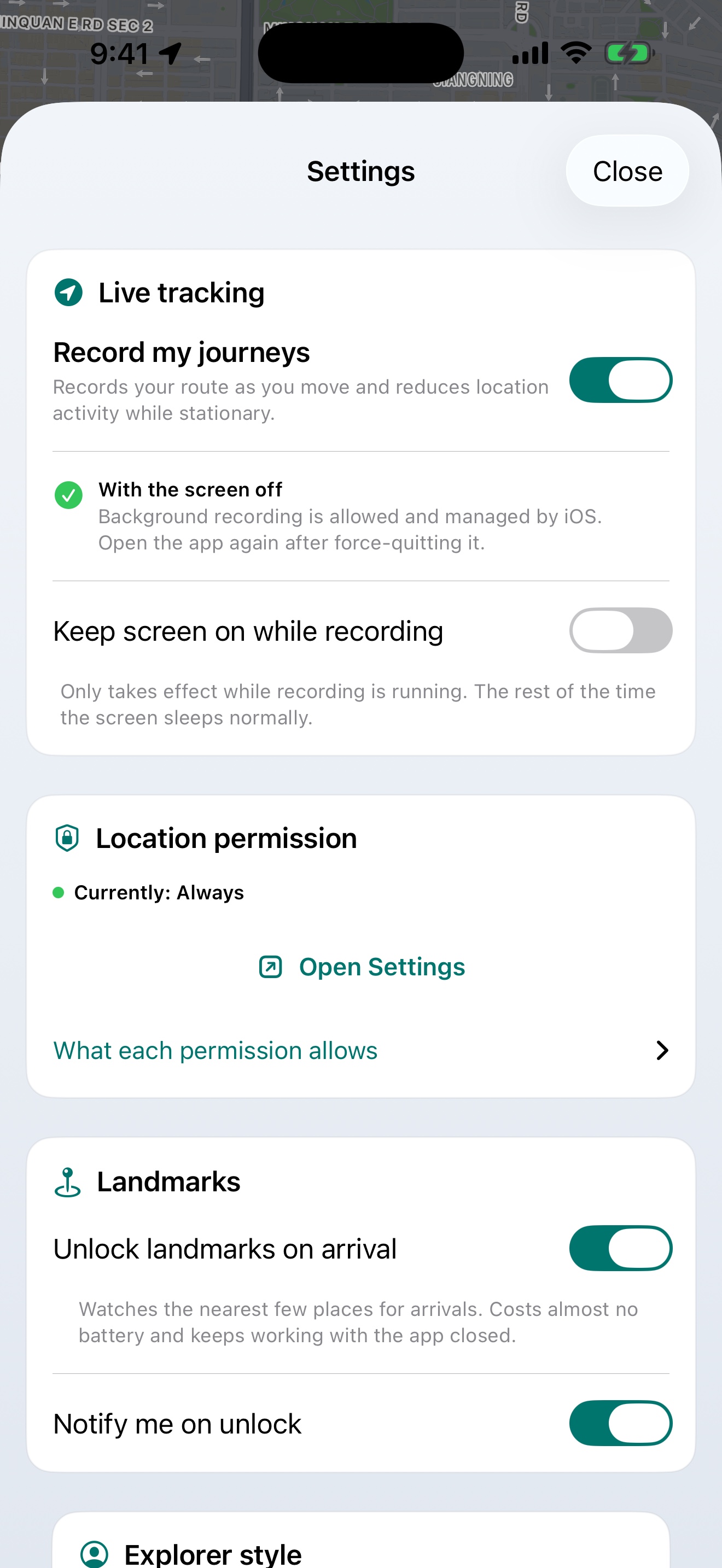 MythExplorer 2.0 settings showing Record my journeys, screen-off guidance, Keep screen on and location permission