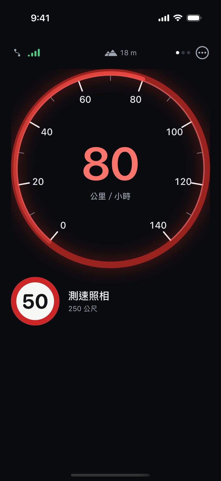 路寶測速提醒：錶面外圈亮起紅色，下方顯示速限 50、測速照相、250 公尺